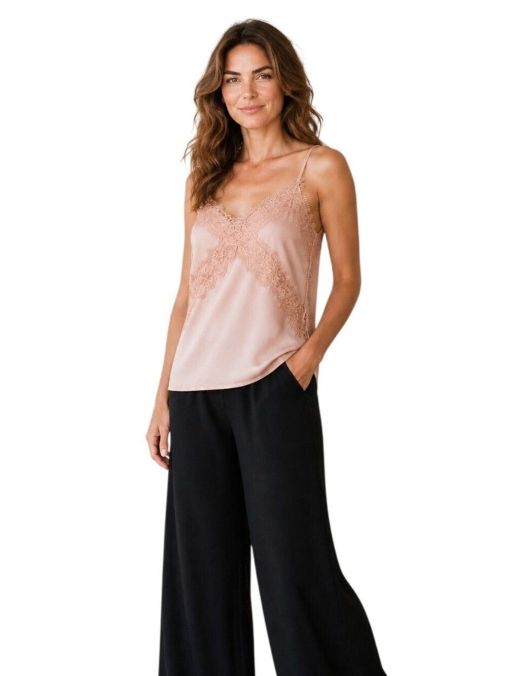 LUSH Lace Trim V-neck  Chiffon Camisole, Ballet Pink, S